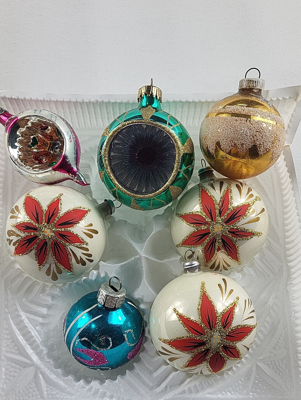 Mid-Century Vintage Glass Christmas Ornaments Lot Of 7